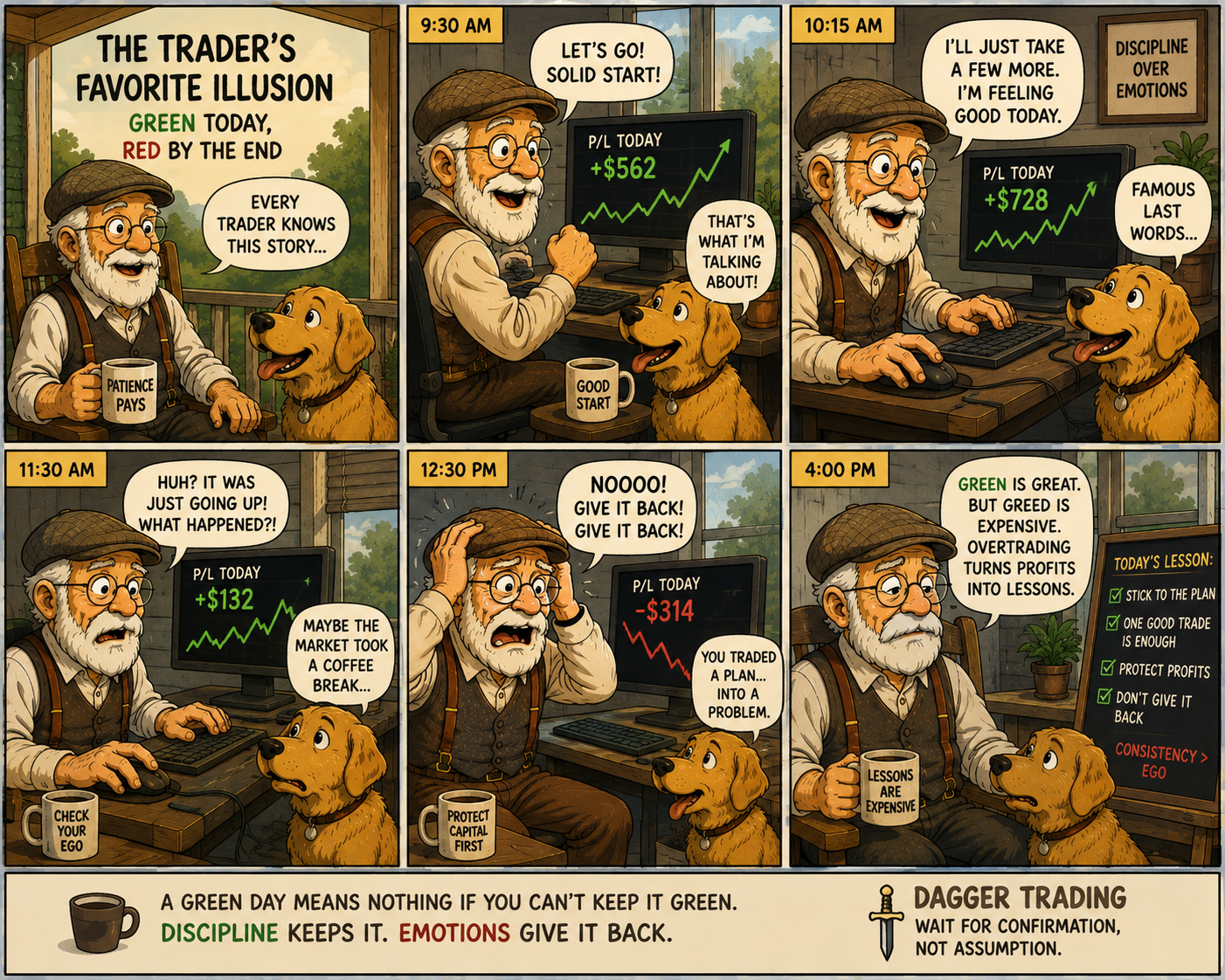 Green Today, Red by the End comic about overtrading