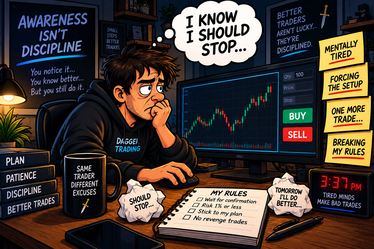 Mentally tired trader recognizing warning signs but still considering another trade