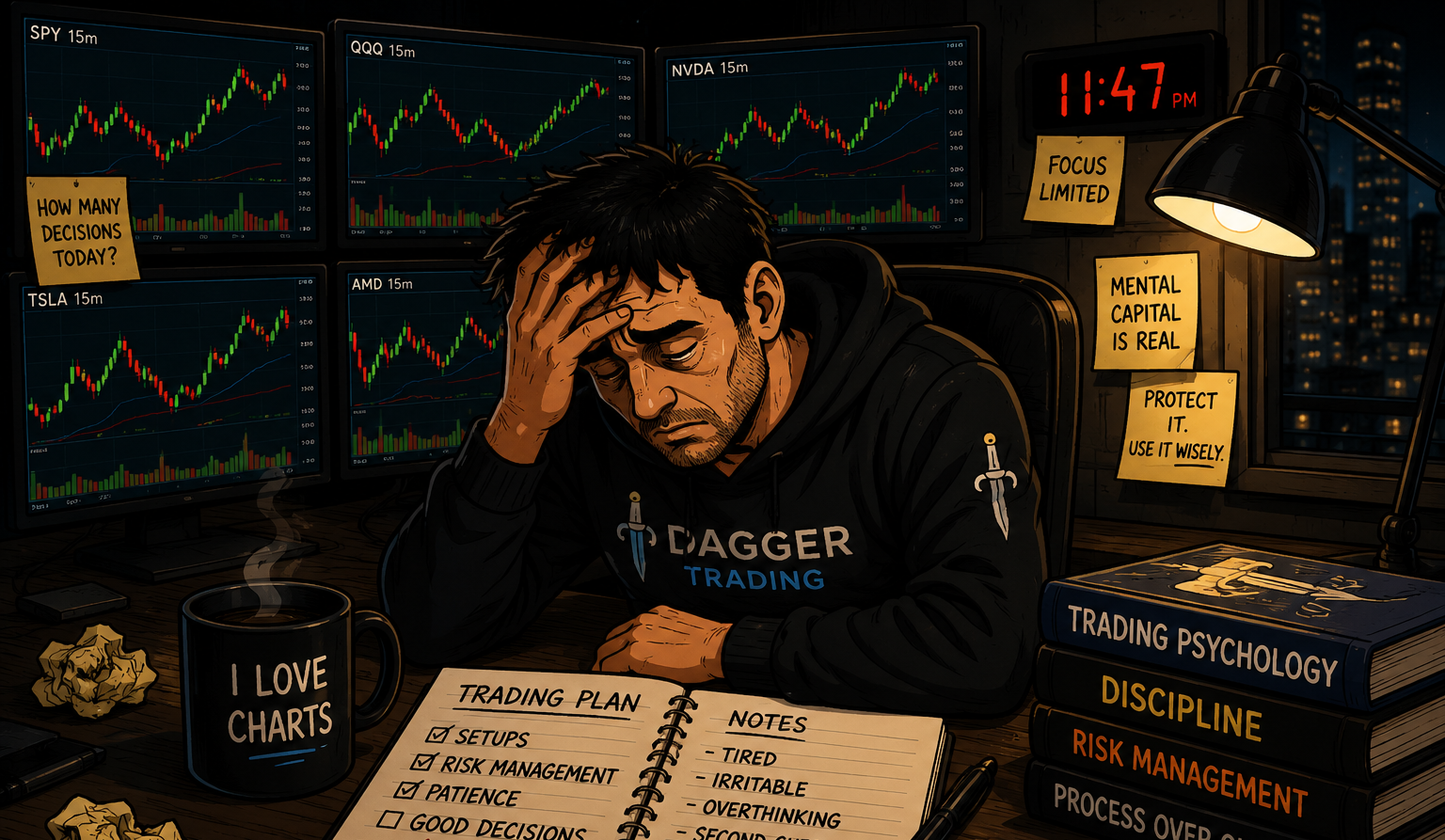 Mentally fatigued trader at multiple monitors after a demanding trading session