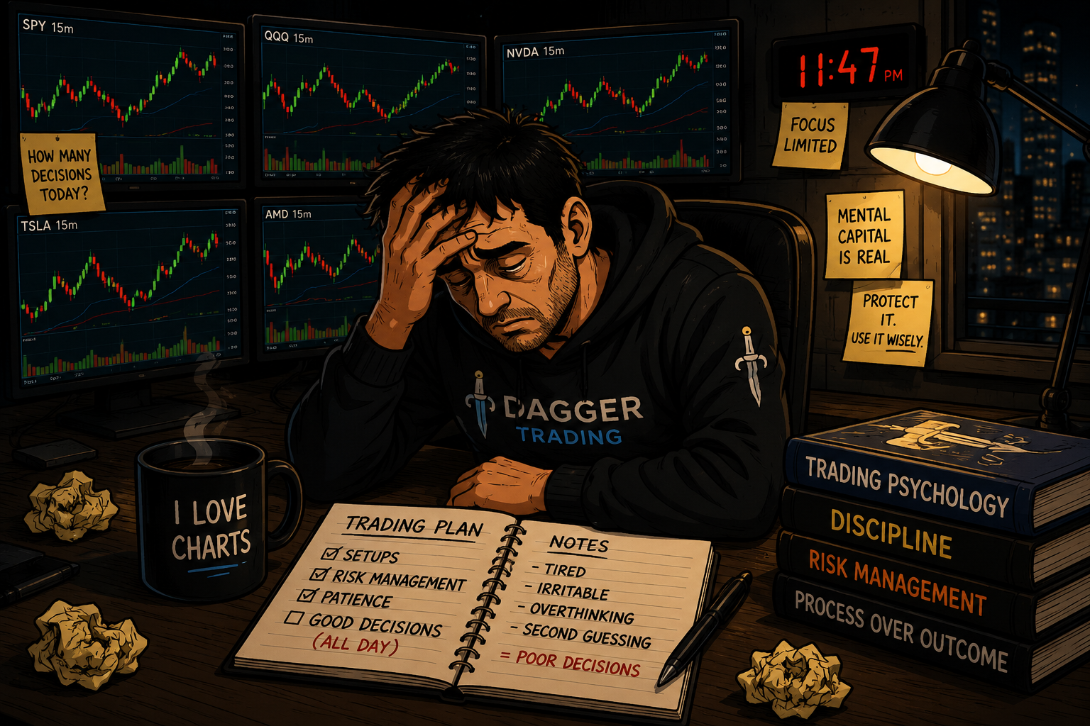 Exhausted trader at multiple charts illustrating decision fatigue and declining focus after a demanding trading session