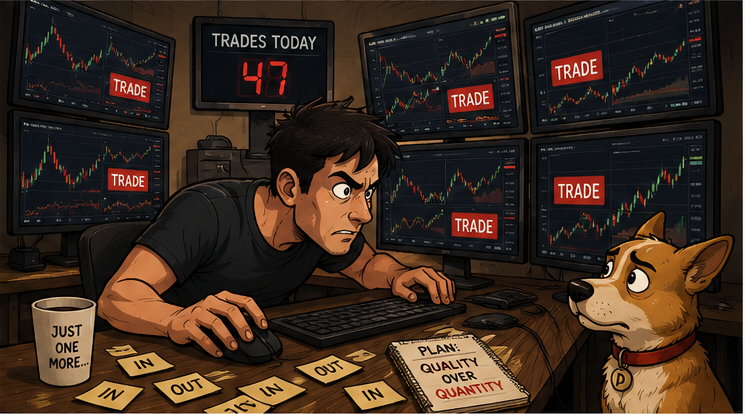 Trader surrounded by repeated trades illustrating overtrading