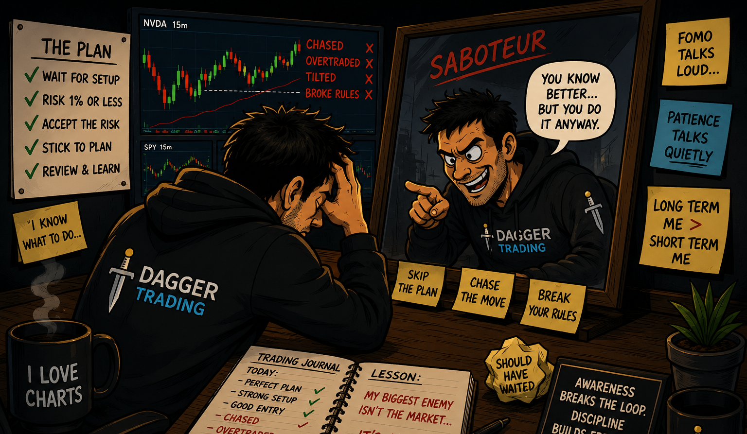 Trader struggling with emotional decisions while his written trading plan remains visible