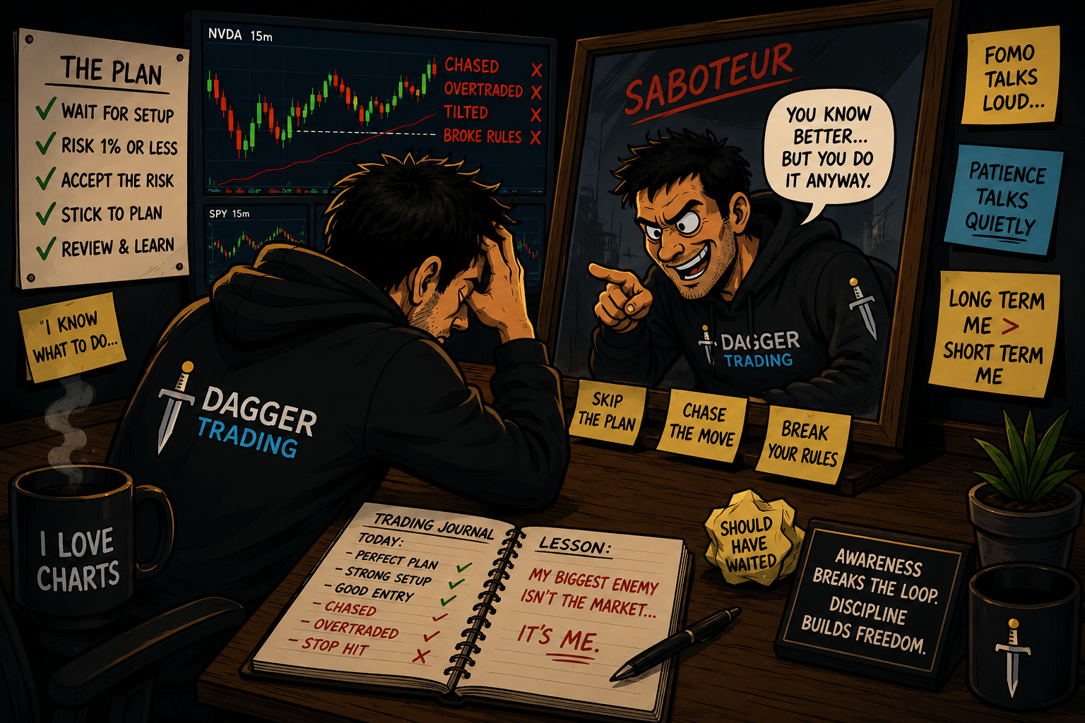 Trader struggling with emotional decisions while his written trading plan and disciplined reminders remain visible