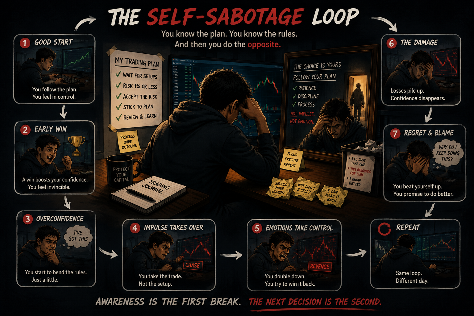 Illustrated Self-Sabotage Loop showing how a good start can turn into overconfidence, broken rules, impulsive trading, emotional decisions, damage and regret before the cycle repeats