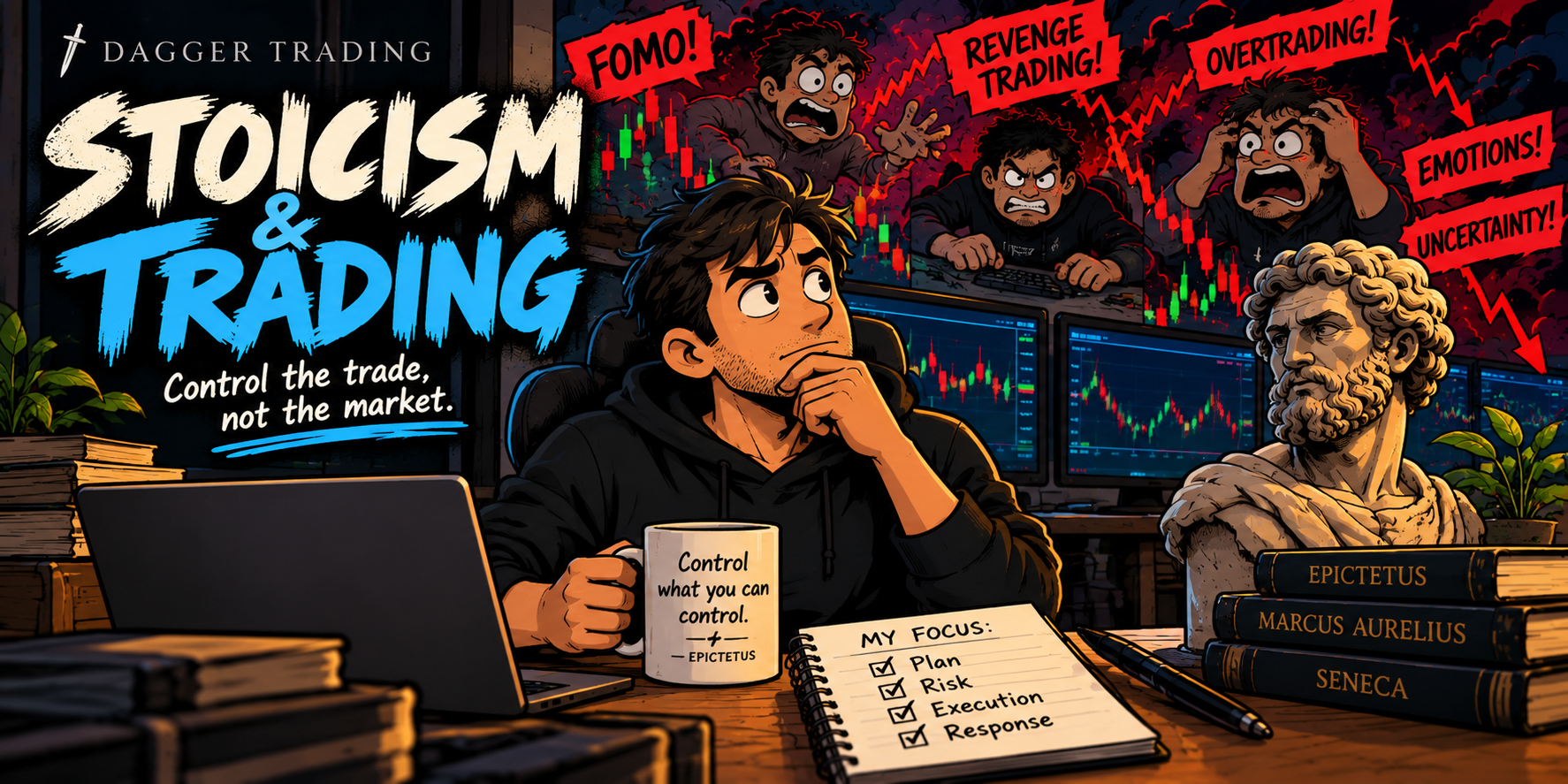 Stoicism and Trading lesson illustration showing a calm trader surrounded by market and emotional chaos