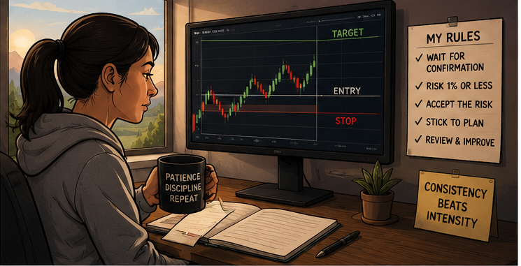 Calm trader following written rules for entry stop and target