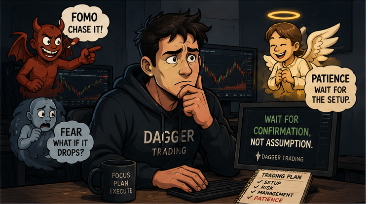 Trader balancing FOMO, fear, patience and a written trading plan