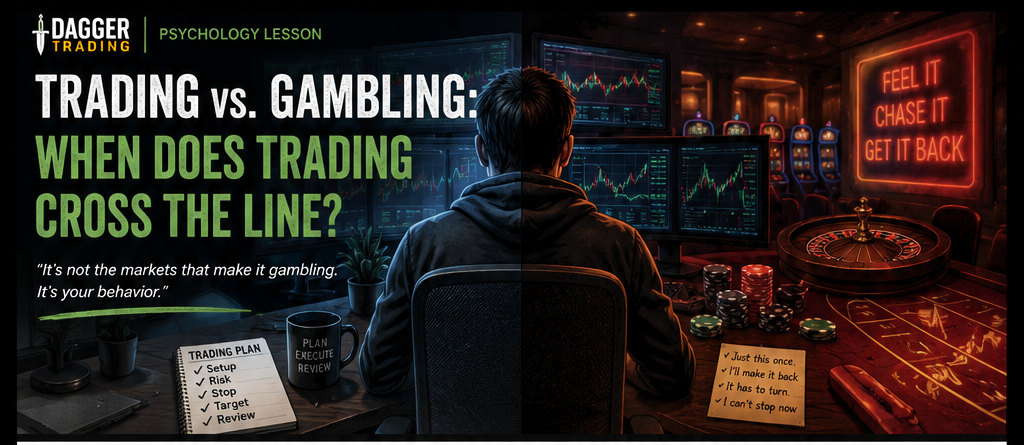 Trader at market screens contrasted with a casino table, representing the line between disciplined trading and gambling behavior