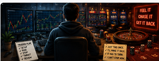 Trader and casino imagery illustrating the line between disciplined trading and gambling behavior